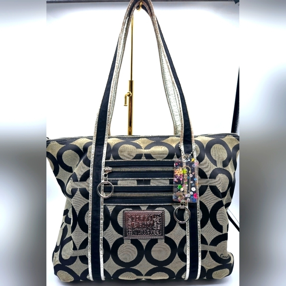 COACH Poppy Canvas Tote Black Op C Print Purple Lining Large Sequence Tag